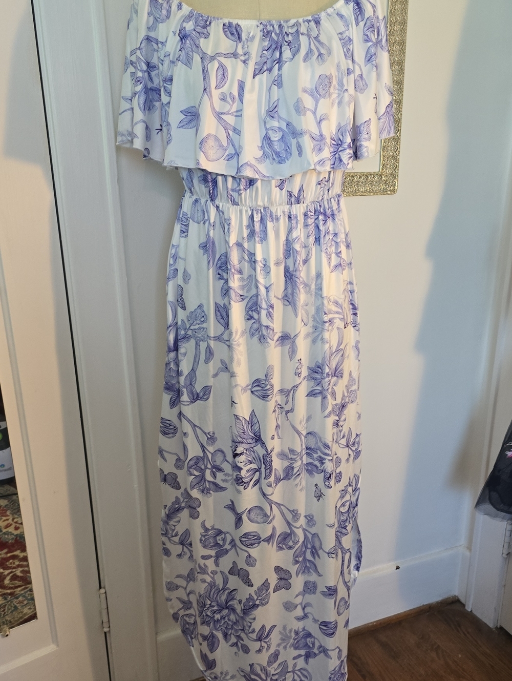 Off-Shoulder White and Lavender Floral Maxi Dress